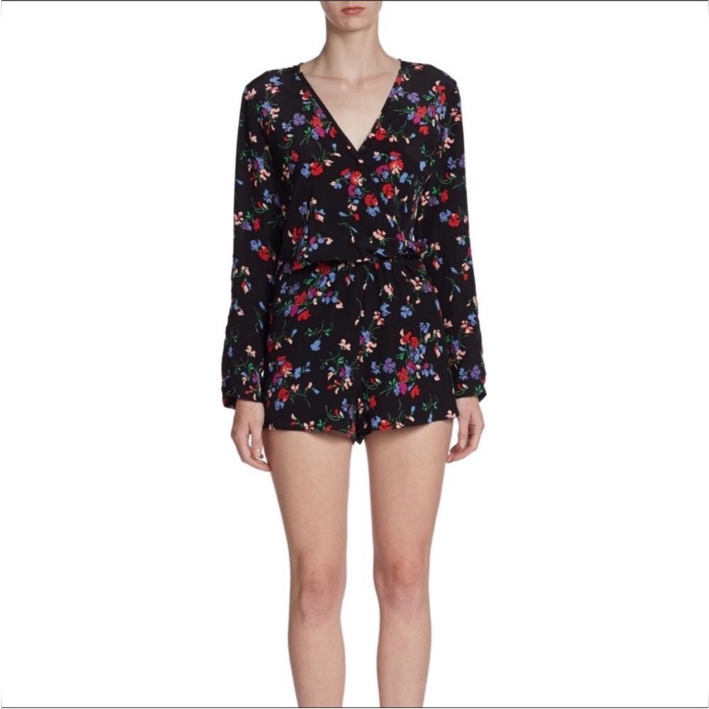 PJK Patterson J. Kincaid Black Floral Silk V Neck Long Sleeve Romper